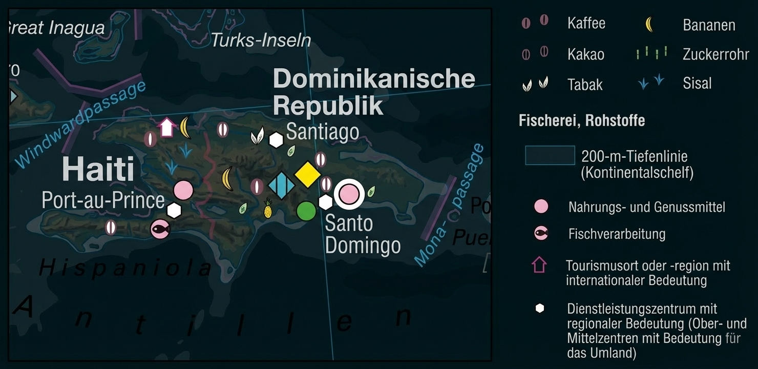 Karte von Hispaniola mit Haiti und Dominikanischer Republik, Städten sowie Symbolen für Rohstoffe und Fischerei.